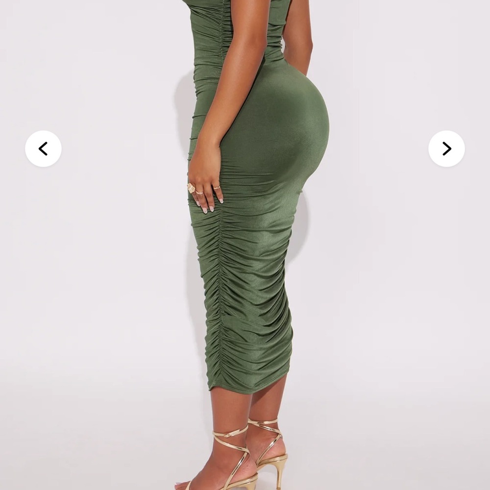 Elegant Olive Green Ruched Midi Dress